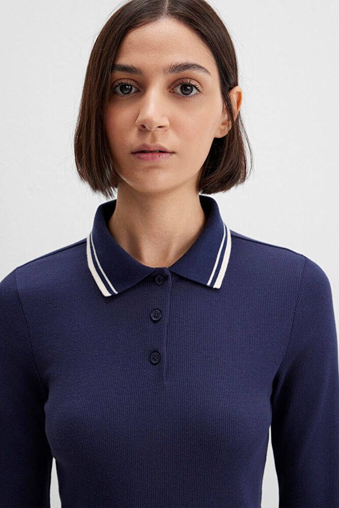 Kadın Polo Yaka Modelli Penye 1613836-80729 Lacivert 