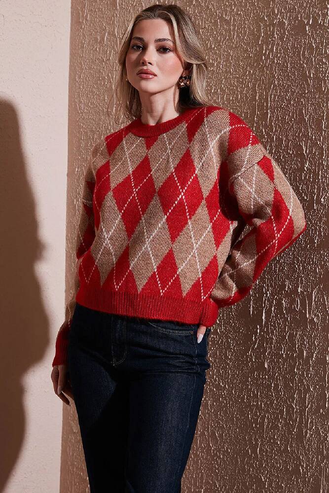 Kadın Baklava Desenli Kazak 25K0081K1 Kırmızı 