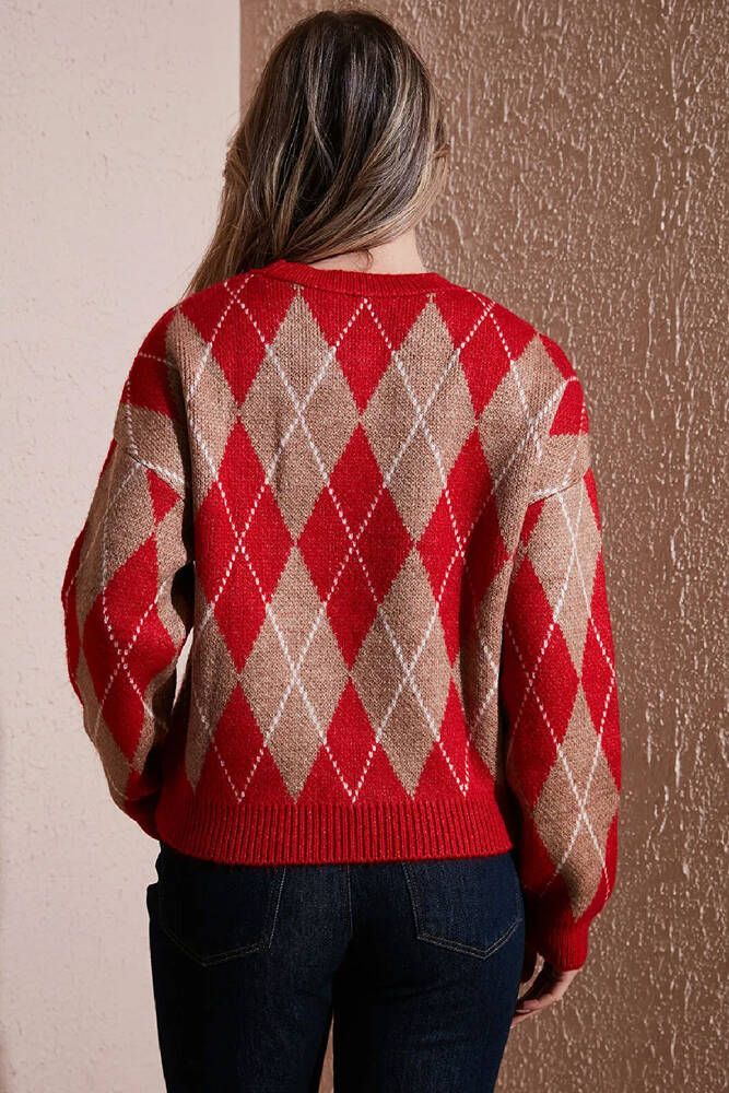 Kadın Baklava Desenli Kazak 25K0081K1 Kırmızı 