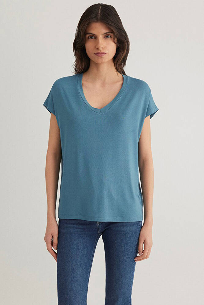 Kadın Basic V Yaka Tişört 167714-70753 Mavi 