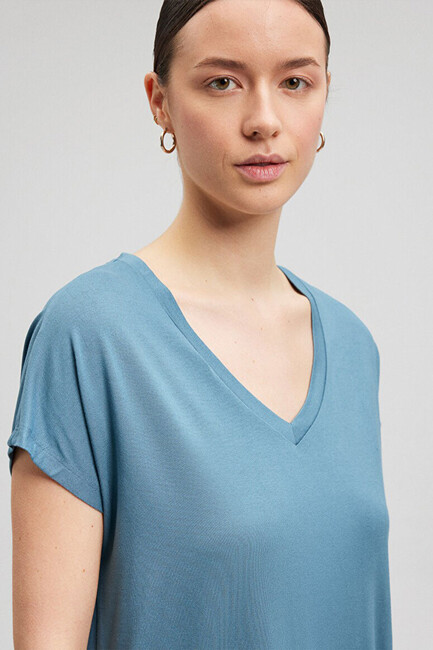 Kadın Basic V Yaka Tişört 167714-70753 Mavi - Thumbnail
