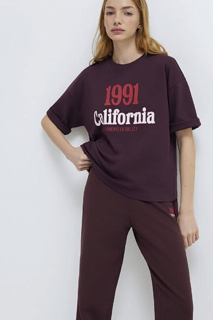 Kadın Baskılı Tişört 1613913-70223 Bordo (2)