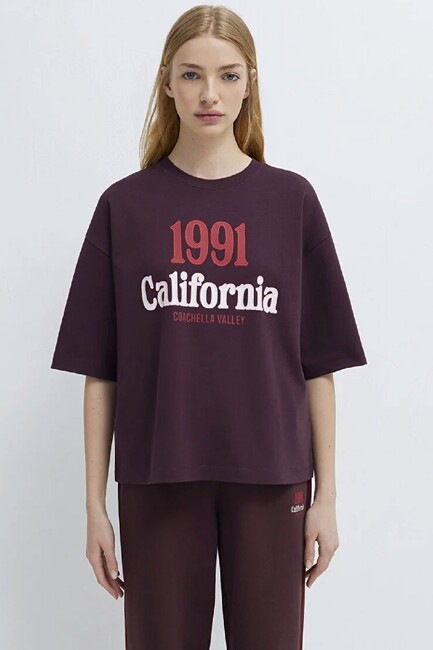 Kadın Baskılı Tişört 1613913-70223 Bordo - Thumbnail