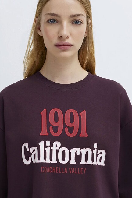 Kadın Baskılı Tişört 1613913-70223 Bordo - Thumbnail