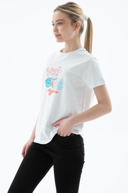 Kadın Baskılı Tişört 25Y0400K1 Beyaz - Thumbnail