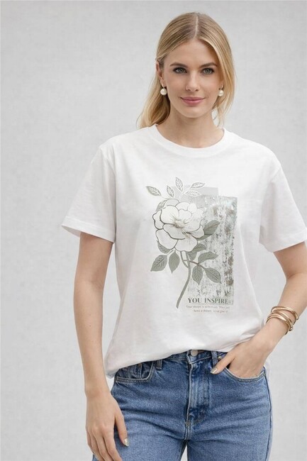 Kadın Baskılı Tişört 26Y0288K1 Beyaz (3)