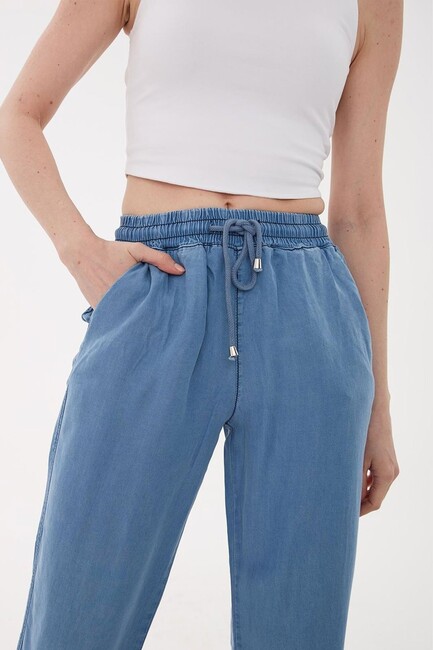 Kadın Beli Bağlamalı Denim Pantolon 25Y0657K1 Mavi - Thumbnail