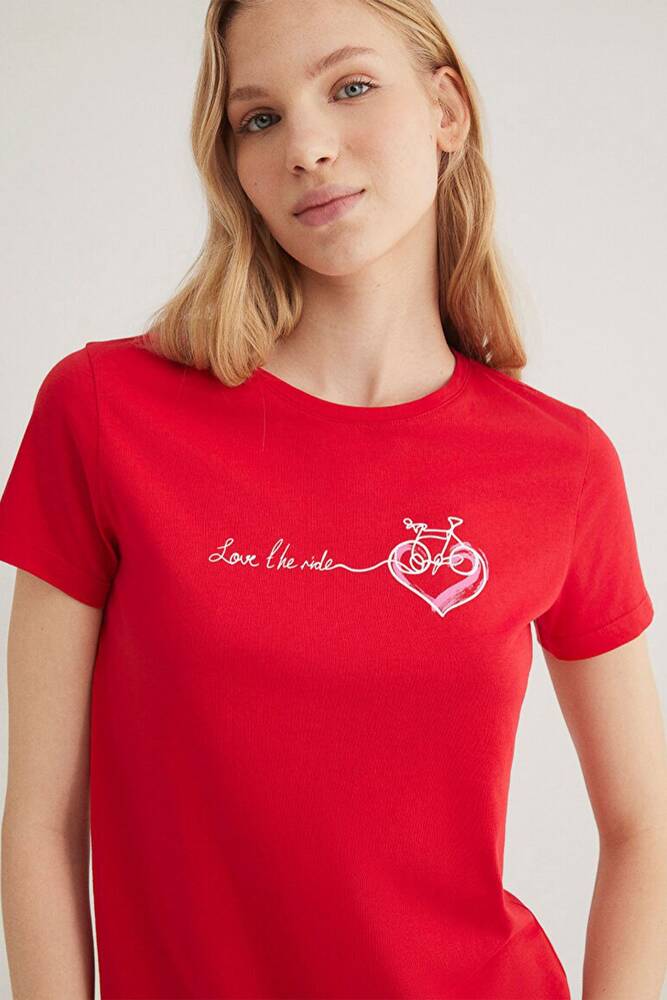 Kadın Bisiklet Baskılı Tişört 1612961-82054 Kırmızı 
