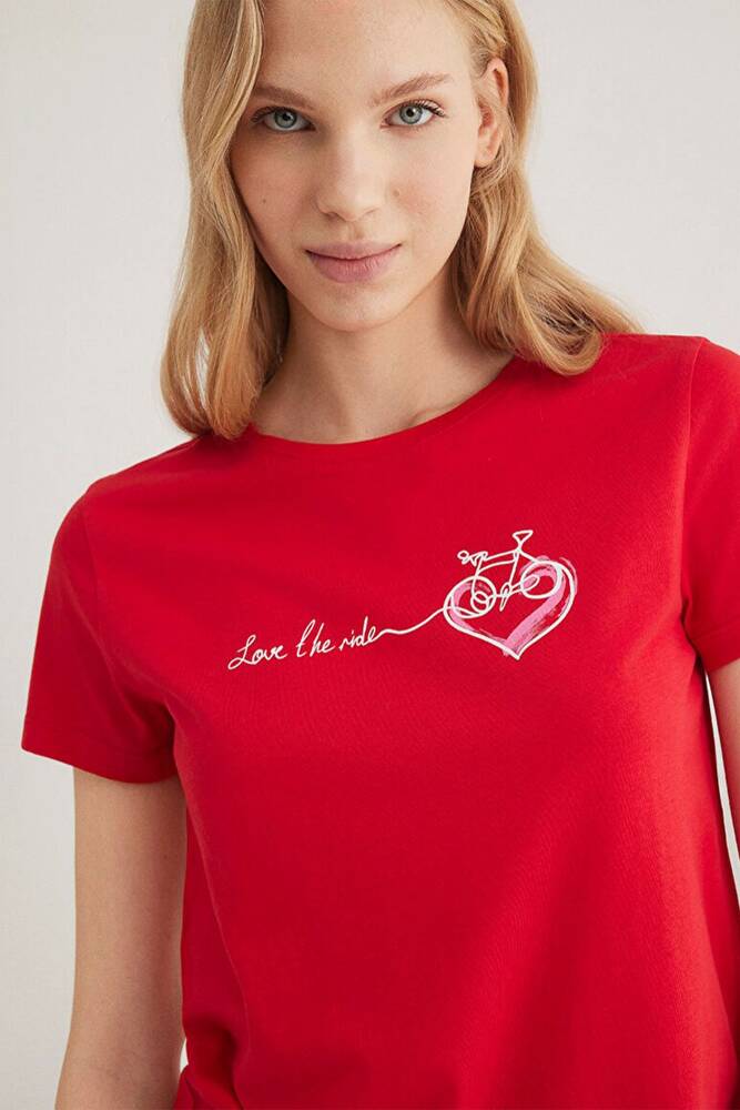 Kadın Bisiklet Baskılı Tişört 1612961-82054 Kırmızı 
