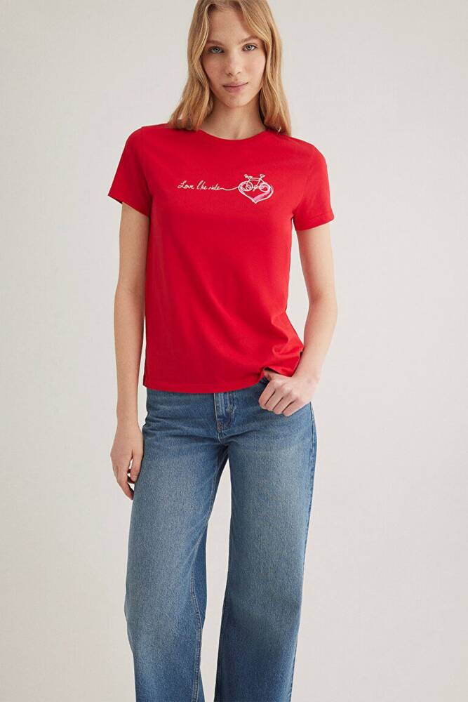 Kadın Bisiklet Baskılı Tişört 1612961-82054 Kırmızı 