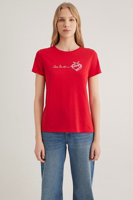 Kadın Bisiklet Baskılı Tişört 1612961-82054 Kırmızı - Thumbnail
