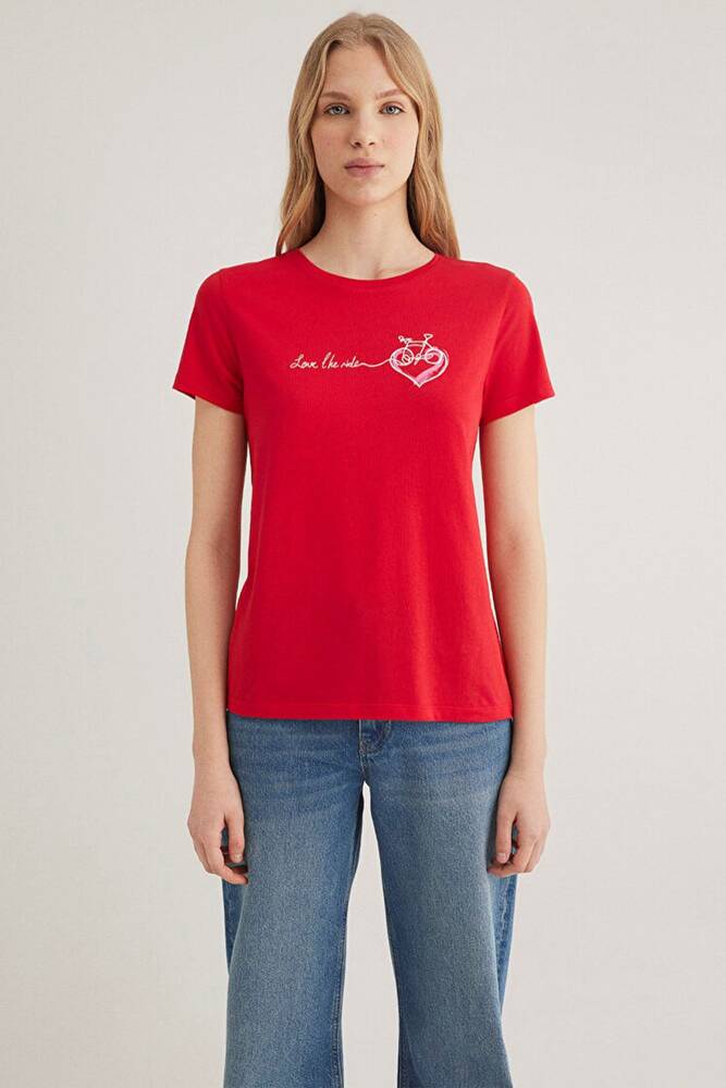 Kadın Bisiklet Baskılı Tişört 1612961-82054 Kırmızı 