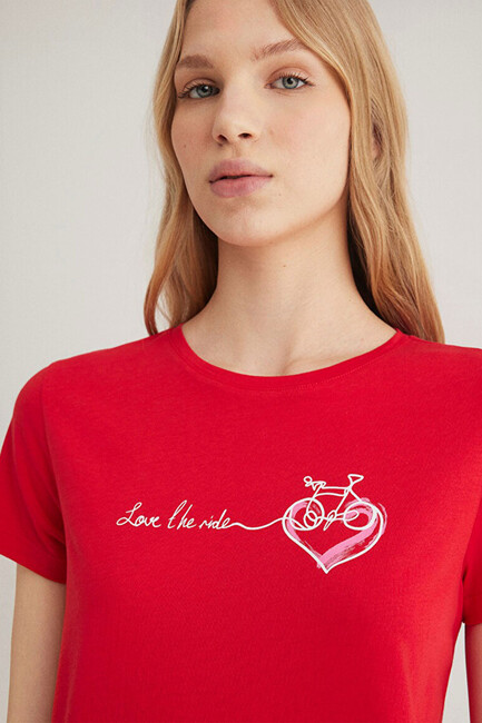 Kadın Bisiklet Baskılı Tişört 1612961-82054 Kırmızı - Thumbnail