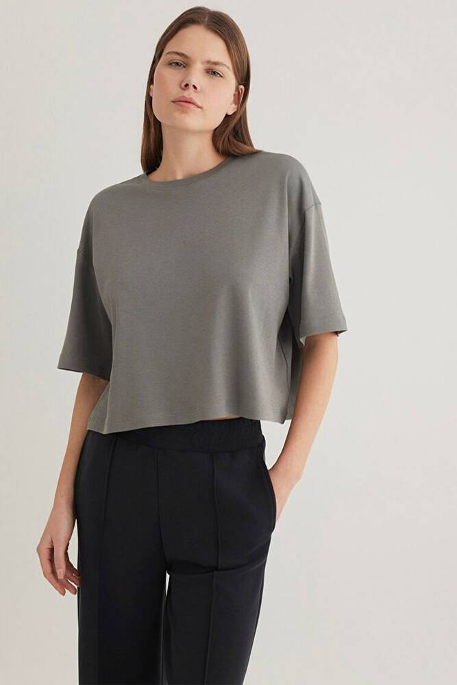 Kadın Bisiklet Yaka Tişört 1613035-85316 Gri 