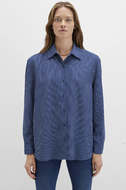 Kadın Çizgili Gömlek 1210683-80736 Lacivert - Thumbnail