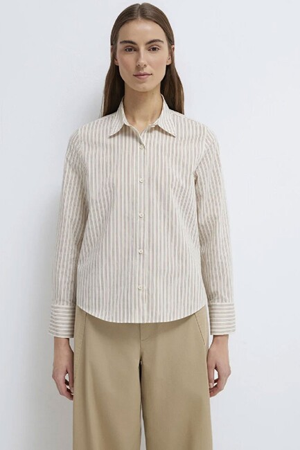 Kadın Çizgili Gömlek 1211389-85431 Bej - Thumbnail