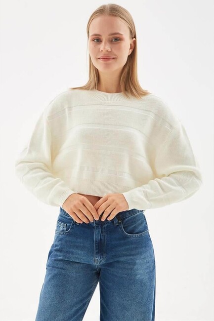 Kadın Çizgili Kazak 24K0039K1 Ekru (1)