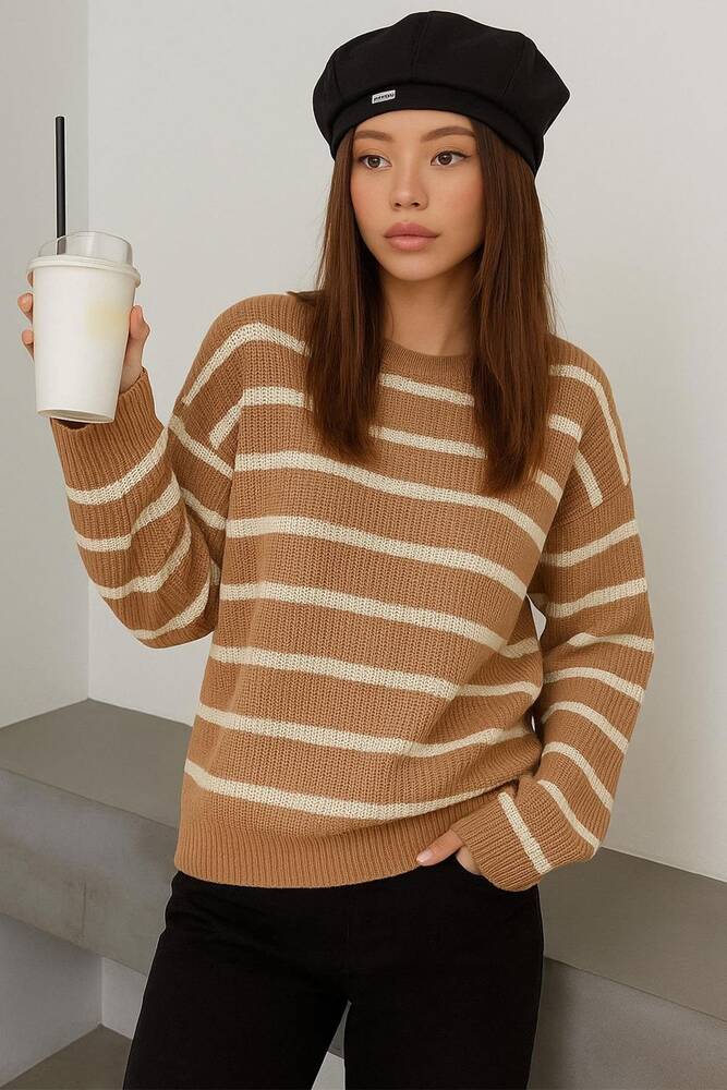 Kadın Çizgili Kazak 25K0477K1 Camel 