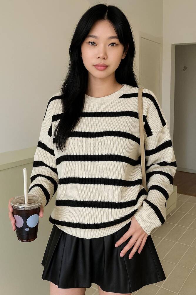 Kadın Çizgili Kazak 25K0477K1 Ekru 