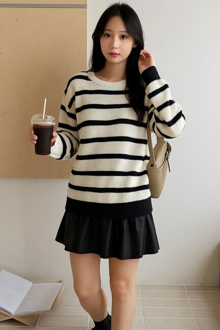 Kadın Çizgili Kazak 25K0477K1 Ekru (2)