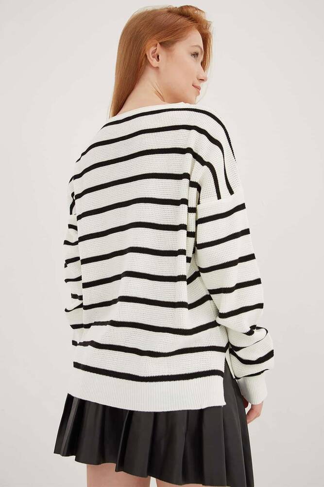 Kadın Çizgili Kazak 25K0477K1 Ekru 