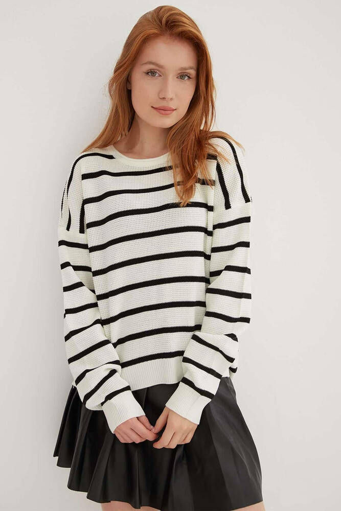 Kadın Çizgili Kazak 25K0477K1 Ekru 