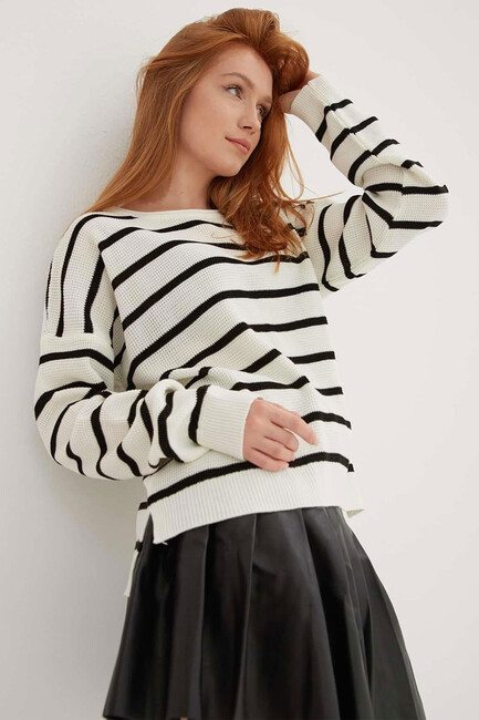 Kadın Çizgili Kazak 25K0477K1 Ekru - Thumbnail