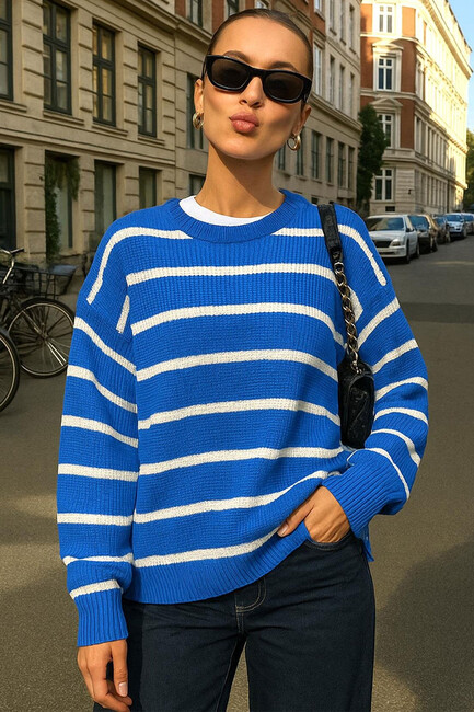 Kadın Çizgili Kazak 25K0477K1 Mavi (1)