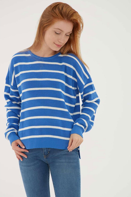 Kadın Çizgili Kazak 25K0477K1 Mavi - Thumbnail