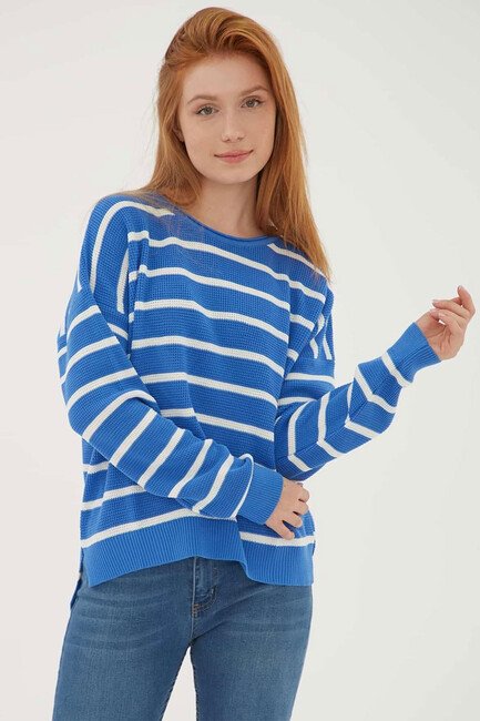 Kadın Çizgili Kazak 25K0477K1 Mavi - Thumbnail