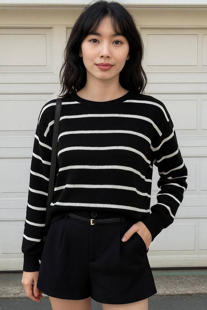 Kadın Çizgili Kazak 25K0477K1 Siyah 