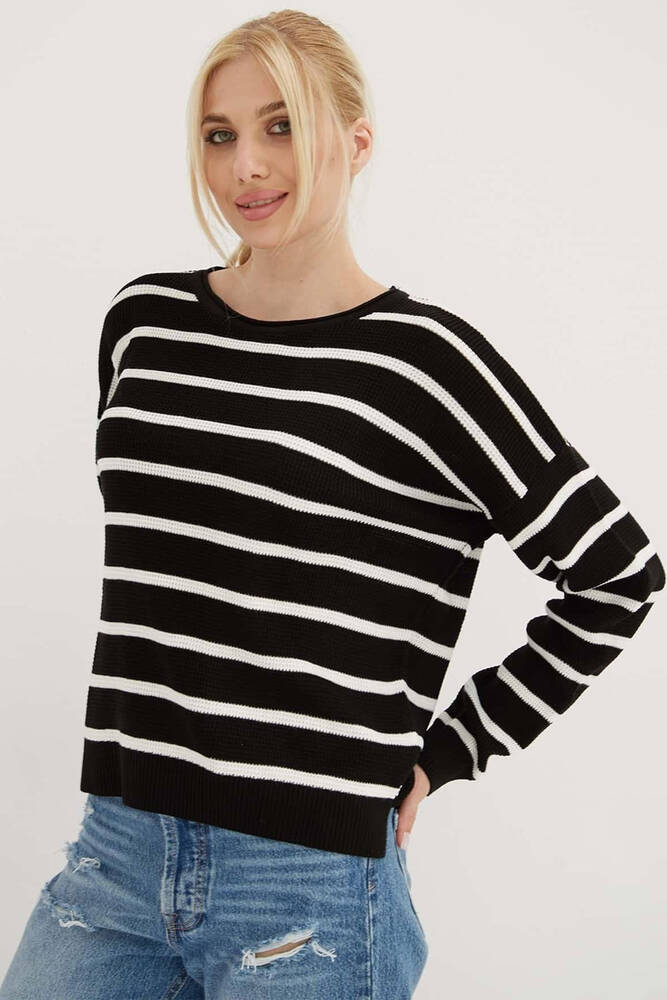 Kadın Çizgili Kazak 25K0477K1 Siyah 