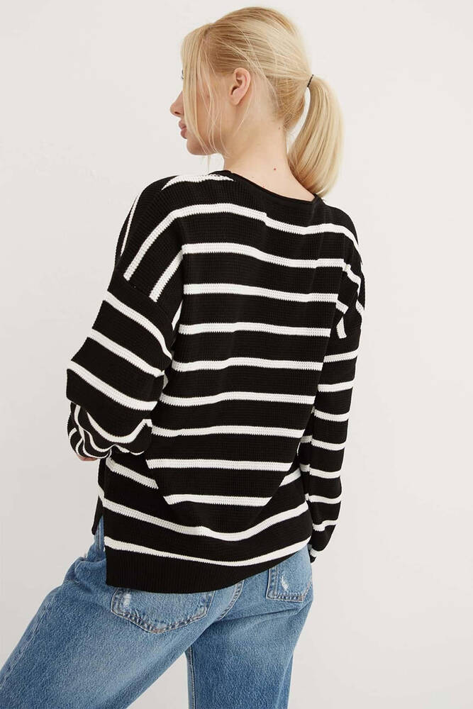 Kadın Çizgili Kazak 25K0477K1 Siyah 