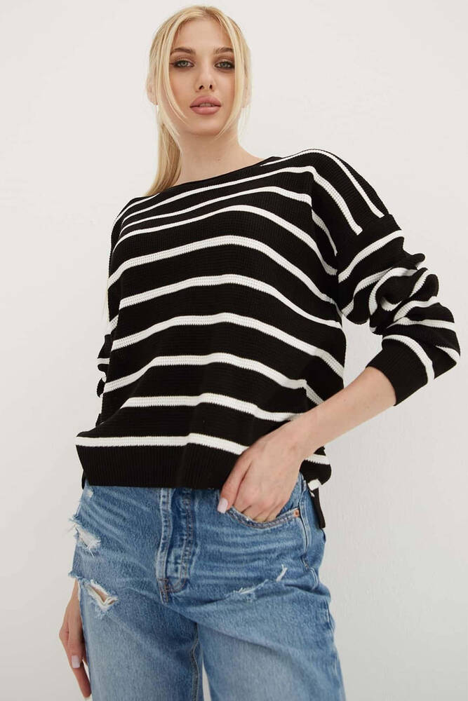 Kadın Çizgili Kazak 25K0477K1 Siyah 