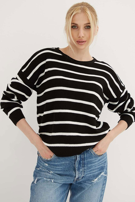 Kadın Çizgili Kazak 25K0477K1 Siyah - Thumbnail