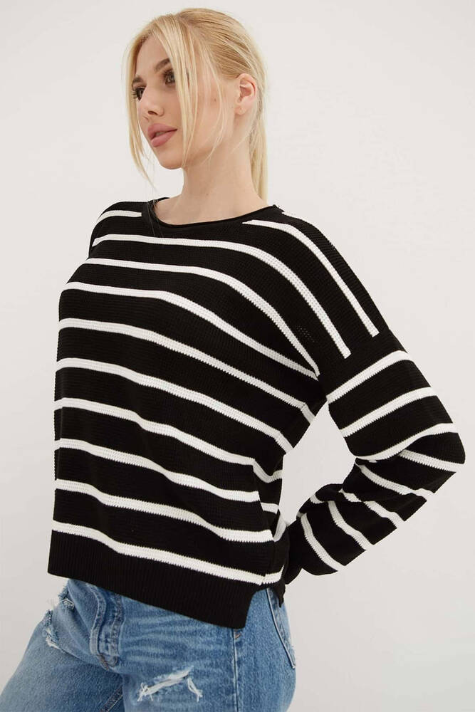 Kadın Çizgili Kazak 25K0477K1 Siyah 