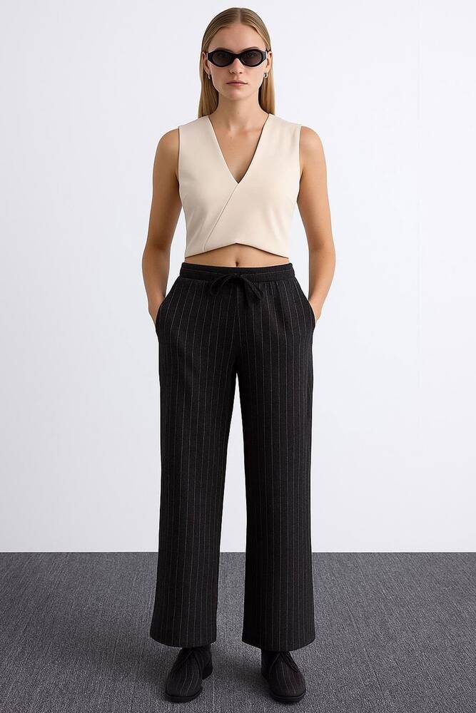 Kadın Çizgili Pantolon 25K0393K1 Gri 