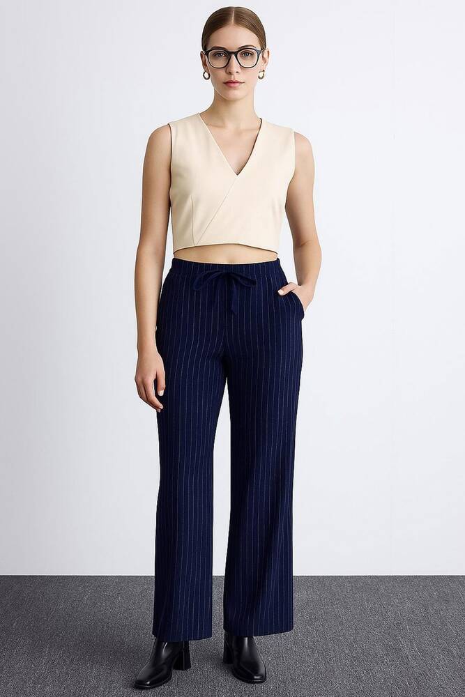 Kadın Çizgili Pantolon 25K0393K1 Lacivert 