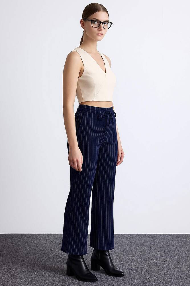 Kadın Çizgili Pantolon 25K0393K1 Lacivert 