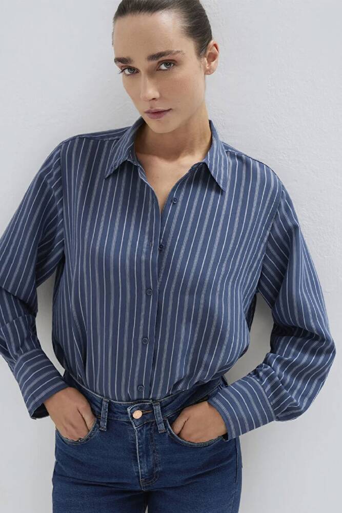 Kadın Çizgili (TENCEL™) Gömlek 1211373-91385 Lacivert 