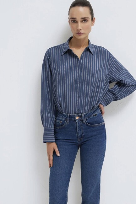 Kadın Çizgili (TENCEL™) Gömlek 1211373-91385 Lacivert (2)
