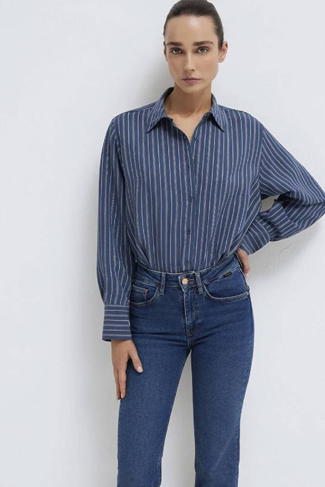 Kadın Çizgili (TENCEL™) Gömlek 1211373-91385 Lacivert 