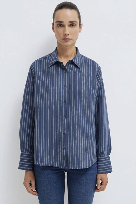 Kadın Çizgili (TENCEL™) Gömlek 1211373-91385 Lacivert (3)