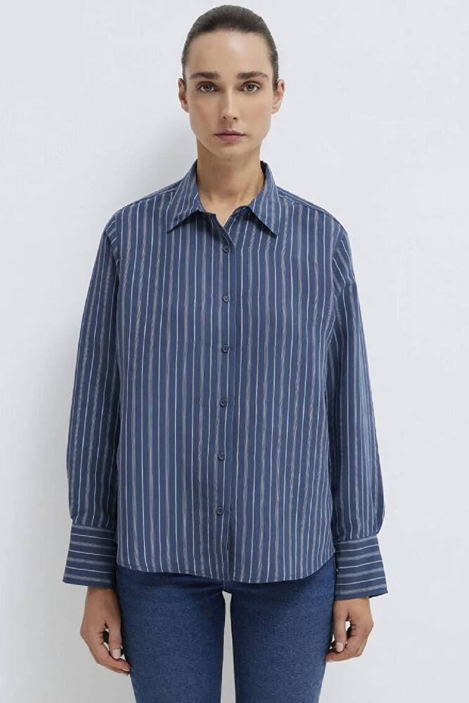Kadın Çizgili (TENCEL™) Gömlek 1211373-91385 Lacivert 