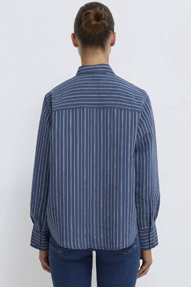 Kadın Çizgili (TENCEL™) Gömlek 1211373-91385 Lacivert 