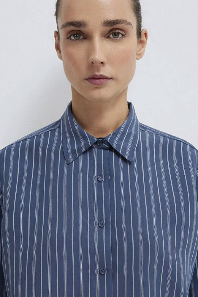 Kadın Çizgili (TENCEL™) Gömlek 1211373-91385 Lacivert 