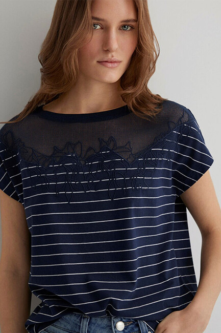 Kadın Dantel Detaylı Tişört 1612306-85500 Lacivert (1)