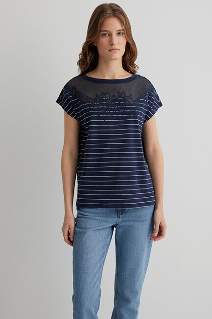 Kadın Dantel Detaylı Tişört 1612306-85500 Lacivert (3)