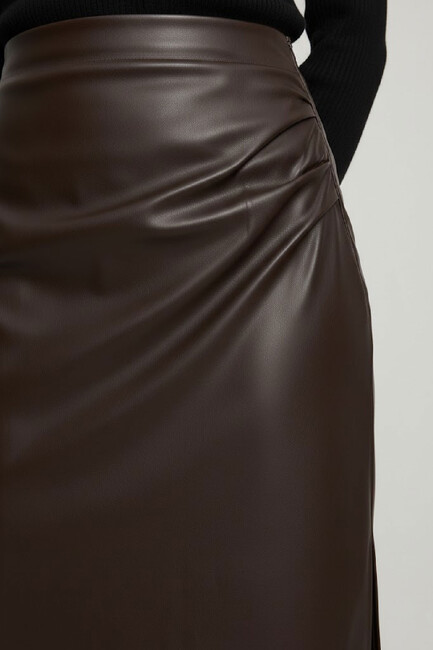 Kadın Deri Yırtmaçlı Etek 1901358 Kahve (3)