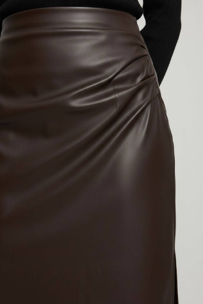 Kadın Deri Yırtmaçlı Etek 1901358 Kahve 